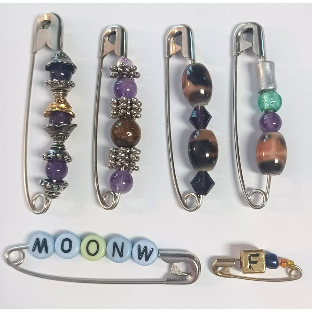 Handmade Beaded Safety Pin Brooch Lot 6pc Kilt Pin Agate Amethyst Letter Charm